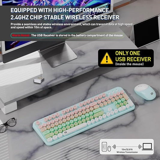 FOPETT 2.4GHz Wireless Keyboard and Mouse Set with Switch Button - Full-Size Keyboard - Compatible for Windows/Laptop/PC/Notebook/Smart TV and More - Green