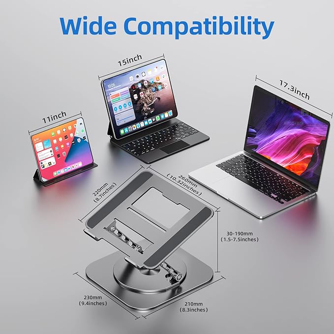 Laptop Stand for Desk, Ergonomic Laptop Riser with 360° Rotating Base, Aluminum Laptop Stand, Adjustable Foldable Laptop Holder Compatible with MacBook Air Pro, Dell XPS, 10-17" Laptops, Grey