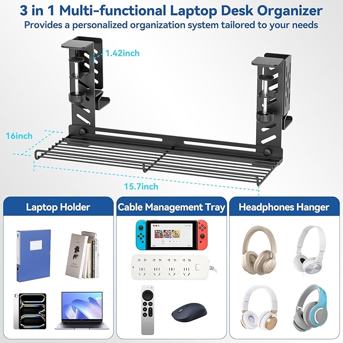 KDD 3-in-1 Laptop Stand Holder Storage, Adjustable Under Desk Cable Management Tray with Headphone Hanger and Cable Ties, No Drill Clamp on Desk Side Organizers Suitable for Laptop/Tablet/Headphone