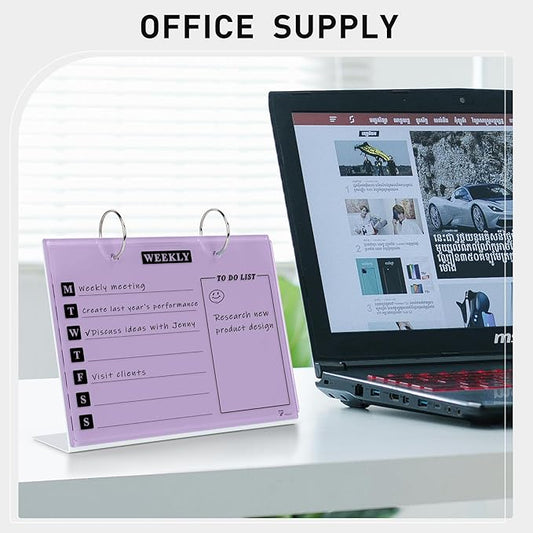 Desktop Glass Dry Erase & Acrylic Aesthetic Desk Calendar Weekly To-do List Combo, Small Magnetic Standing Whiteboard, Desk Flip Easel Calendar with Accessories for Home Office Supply, Purple, 9 x 7''