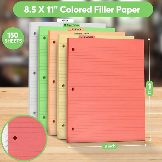 Colored Notebook Paper – 8.5 x 11, 150 Sheets – Thick 80 gsm College Ruled Colorful Loose Leaf Filler Paper – 3-Hole Punched Binder Papers for School, Office, and Journaling (Bright)