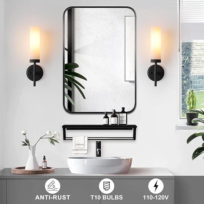 Wall Sconces Set of Two,Matte Black Bathroom Sconces Wall Lighting with White Glass, Modern Sconces Wall Decor Set of 2 Wall Light fixtures for Bathroom Mirror Living Room Hallway Bedroom Wall Lamp