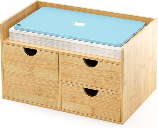 Wisuce Bamboo Desk Drawer Organizer, 3 Drawer Desktop Organizer with Drawers Tabletop Storage Organization Box for Office Home Toiletries Supplies Vanity, No Assembly Required
