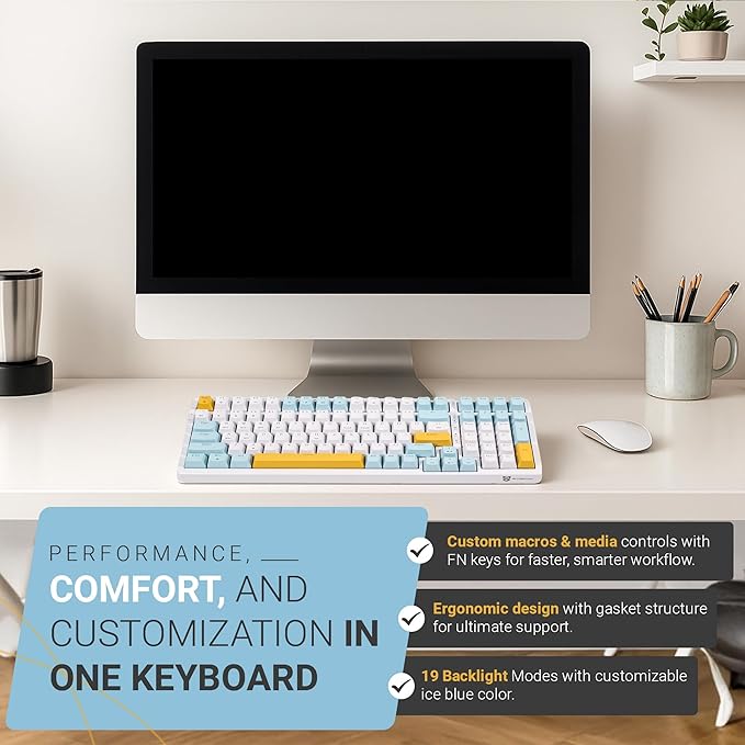 Qisan Wireless/Wired Mechanical Keyboard, Triple Mode 2.4G/USB-C/BT Wireless Gaming Keyboard, 100 Keys (98%) US Layout Brown Switch Rechargeable Ice Blue Backlit Keyboards | Blue & Yellow & White