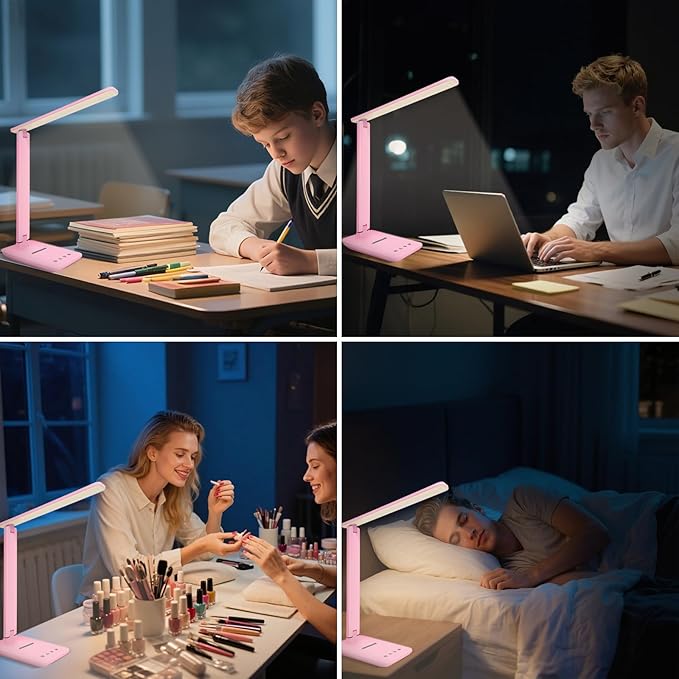 karidi LED Desk Lamp Dimmable Table Lamp with USB Charging Port, 5 Lighting Modes, Sensitive Control, Foldable Portable Desk Light for Home Office Bedroom Reading (Pink, Standard Size - 13.3 inch)