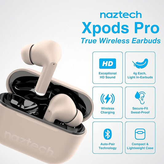 Naztech Xpods PRO Ear Buds - (Sandstone) True Wireless Earbuds Noise Cancelling Earbuds Wireless Bluetooth Earphone for Gym Sound Cancelling in Ear Headphones Fitness Earphones Includes Charging Case