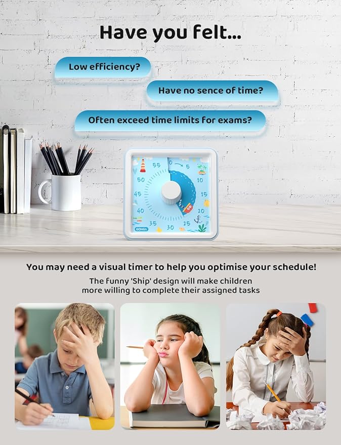 LIORQUE 60 Minute Visual Timer for Kids, Visual Countdown Timer for Classroom Office Kitchen with 'Boat' Pattern Design, Pomodoro Timer with Silent Operation (Batteries Included)