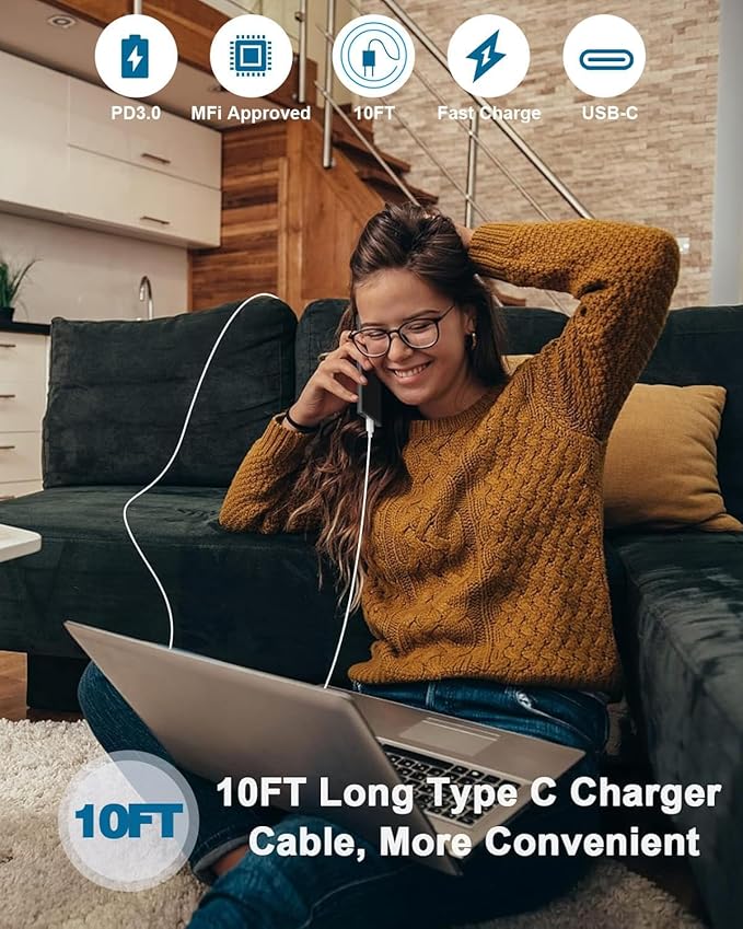 10FT Apple iPhone 17 16 Charger,2Pack Extra Long 10Foot Type C Cable Cord 20W USBC Charger Travel Plug Super Quick Charging for iPhone 17 Air/17 Pro/17 Pro Max/16e/16 Pro/16 Pro Max/15/15 Pro Max/iPad