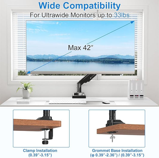 Single Monitor Mount for Max 43", Premium Monitor Arm Hold up 2.2-33lbs Ultrawide Computer Screens, Full Motion Gas Spring Heavy Duty Desk Mount Adjustable VESA Mount 75x75/100x100mm