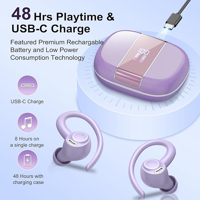 Wireless Earbuds Bluetooth 5.3 Headphones Sports, 48Hrs Playtime Bluetooth Earbuds with CVC 8.0 Mic, Stereo Bass Over Ear Bud with Earhooks, LED Display, IP7 Waterproof Earphon for Running Purple
