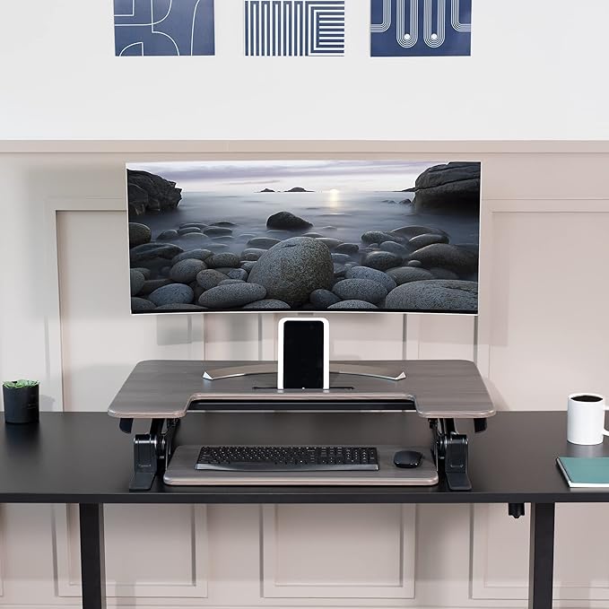 VIVO 36 inch Height Adjustable Stand Up Desk Converter, V Series, Quick Sit to Stand Tabletop Dual Monitor Riser Workstation, Gray Top, Black Frame, DESK-V000VG