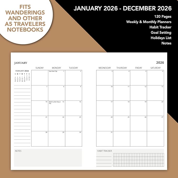 Wanderings A5 Traveler's Notebook Calendar Refill Inserts - 8 1/4 x 5 5/8 (21cm x 14.2cm) - January - December 2026 - A5 Calendar Planner Refills For Leather Travel Journals, Diaries and Planners