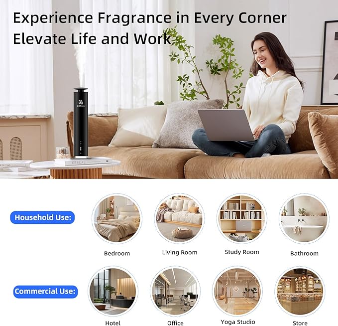 Waterless Scent Diffuser Starter Kit, Diffusers for Home Office Hotel 1000 Sq Ft Coverage, Cordless Essential Oil Diffuser Large Room with 3 Mood Lights, 3 Scent Oils, App Control, Black
