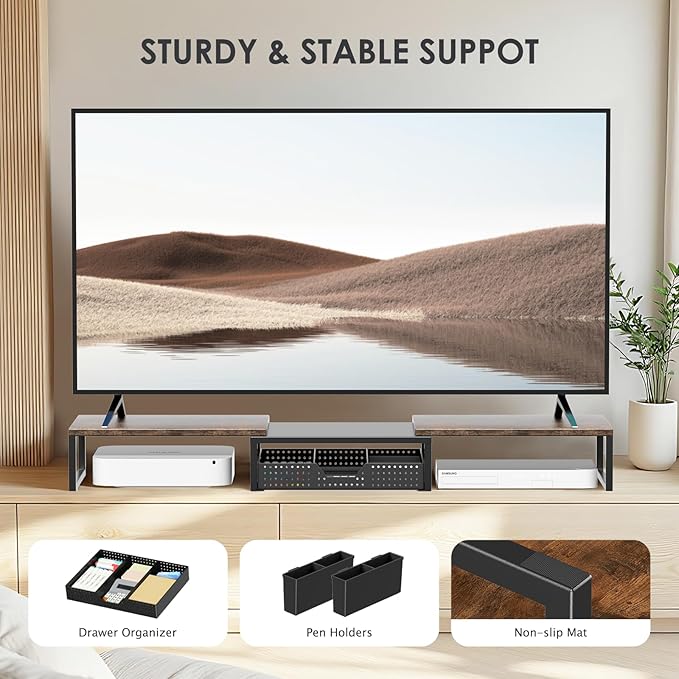 Desk Dual Monitor Stand Riser - Desk Organizer with Drawer and Pen Holders, Office Desk Accessories & Workspace Organization, Computer Monitor Stand for Laptop, Printer, TV, Office Decor, Wood