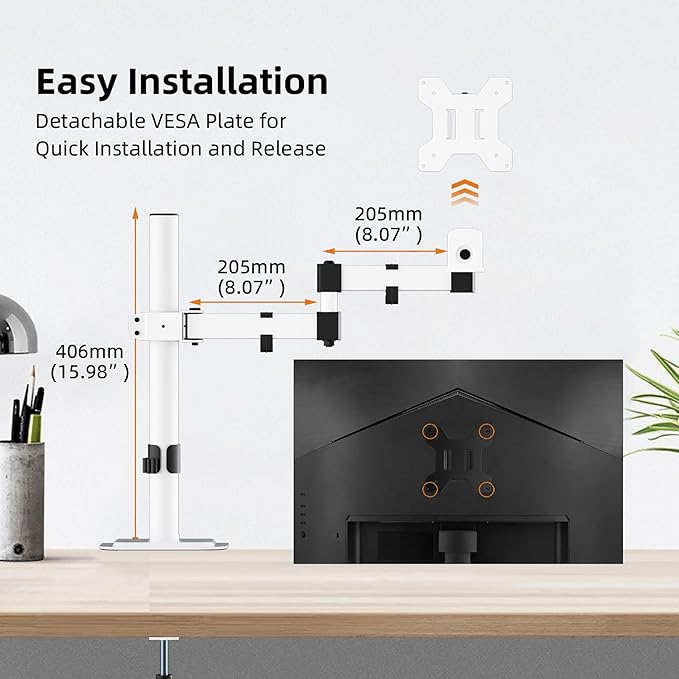 Bracwiser Monitor Mount Single Fully Adjustable Arm Monitor Arm Fits One Screen 13-32 inch 22lbs for Monitor Computer Screen 13 15 17 19 20 22 23 24 26 27 30 32 inch VESA 75 100, White(MD7421W)