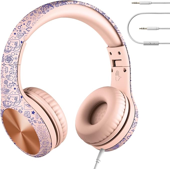 LilGadgets Connect+ Pro Wired Kids Headphones for School w/Microphone, Volume & Noise Reduction Over-Ear Headset w/Cord, SharePort Technology & SoftTouch Padding, Girl Power - Headphones for Kids