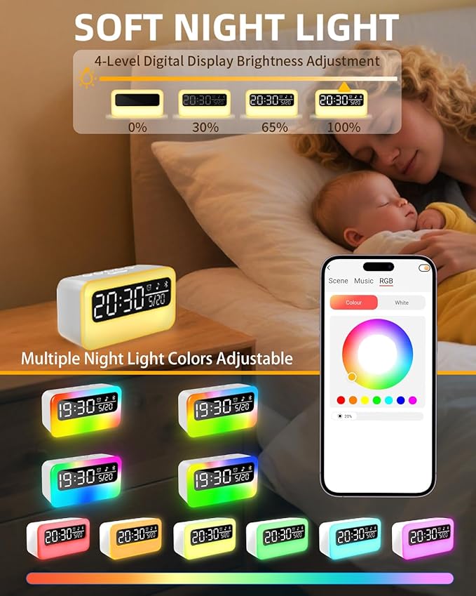 4-in-1 White Noise Sound Machine with 24 Soothing Sounds, Adjustable Night Light for Kids Aldult, 4000mAh Rechargeable Bluetooth Speaker with Time Display