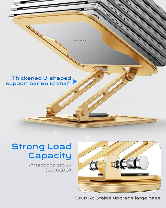 Adjustable Laptop Stand, Computer Stand with 360 Rotating Base, Ergonomic Laptop Riser Mount for Desk Foldable Protable Computer Desk Fits with MacBook Pro Air (10-16") - Gold