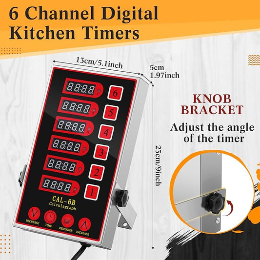 1 Pack 6-Channel Digital Kitchen Timer, Commercial Cooking Timer with Loud Alarm, Large LCD Display, for Restaurants, Baking, Labs, Multiple Independent Countdown Timers