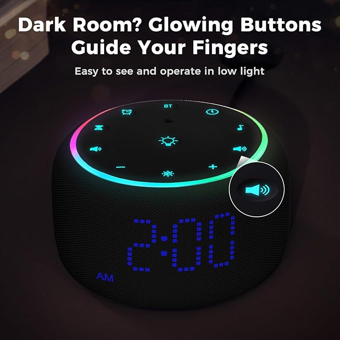 White Noise Machine Alarm Clock: Auto-Dimmable Clock for Bedrooms - 5W Stereo Bluetooth Speaker - Sound Machine with 24 Sleep Sounds for Adults Kids