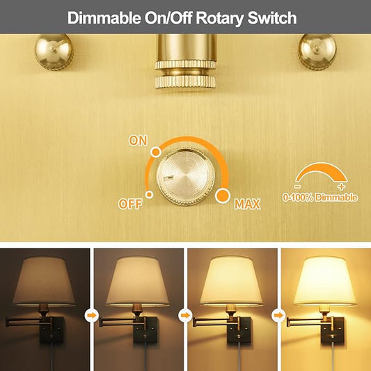 TRLIFE Wall Sconce Plug in, Brushed Brass Dimmable Wall Sconces Set of 2 Swing Arm Wall Lights with Plug in Cord and Dimmer On/Off Knob Switch, 9.4" Medium White Fabric Shade(2 LED Bulbs Included)