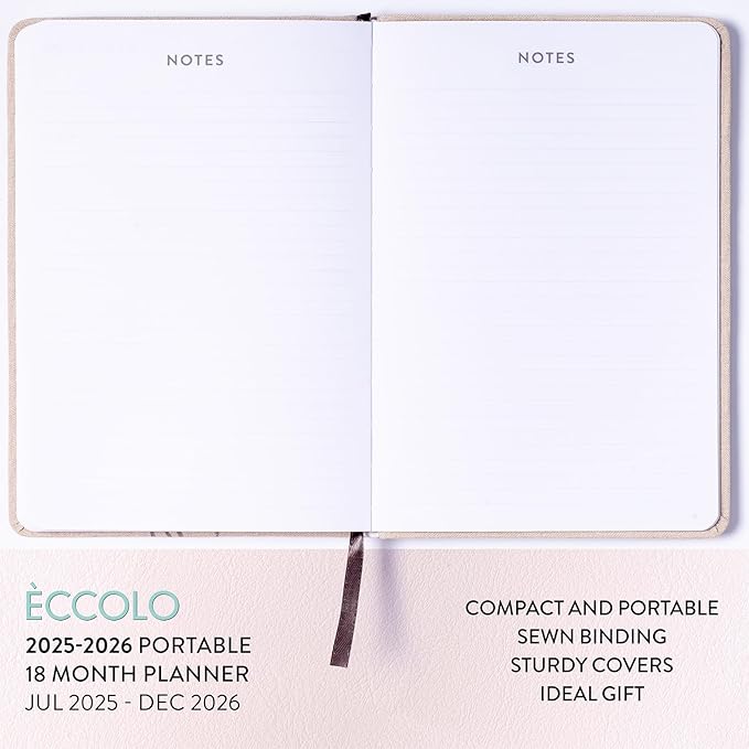 2025-2026 Eccolo 18 Month Linen Bound Planner, Monthly & Weekly Pages (5.25 x 7.75" - July 2025 - Dec 2026)