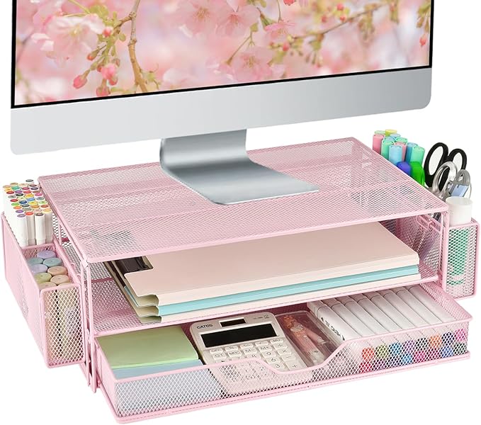 AUPSEN Computer Monitor Stands Riser,2-Tier Desk Organizers and Accessories, Office Desk Accessories Organizer with Drawers and 2 Pen Holder for Office Supplies (Pink)