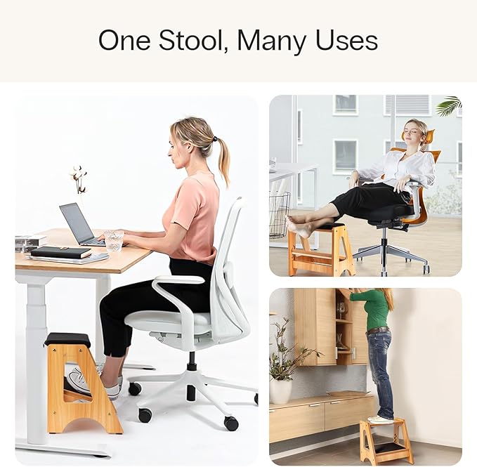 StrongTek Double Step Footrest, Adjustable Wooden Foot Stool with 4 Height Levels, Cushioned Top & Non-Slip Base, Ergonomic Under Desk Leg Rest for Office Home