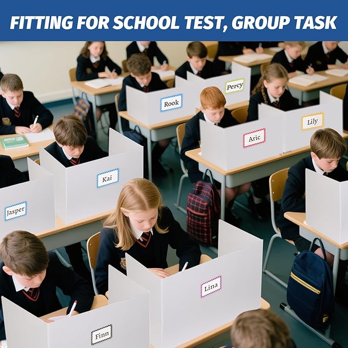 24 Pack Desk Dividers for Students,3-Fold Privacy Screens,Testing Dividers for Classroom Waterproof,Plastic Easy Clean Privacy Shields for Student Includes Extra Labels