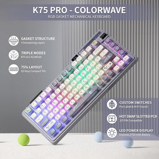 K75 PRO RGB 75% Wireless Gasket Mechanical Keyboard, Triple Mode BT 5.0/2.4G/USB-C 82 Keys Hot Swappable Gaming Keyboard w/Knob & Power Display, Custom Linear Switches, Purple Gray