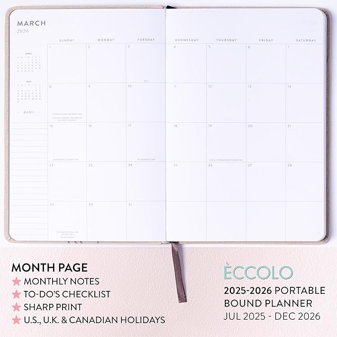 2025-2026 Eccolo 18 Month Linen Bound Planner, Monthly & Weekly Pages (5.25 x 7.75" - July 2025 - Dec 2026)