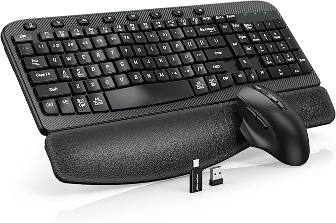 Wireless Keyboard and Mouse Combo – Ergonomic Wave Key, Built-in Leather Soft Palm Rest, 2.4G Full Size, 8 Hotkeys, 6-Button Mouse with 4-Level DPI, Dual USB-A/USB-C, Windows & macOS Compatible