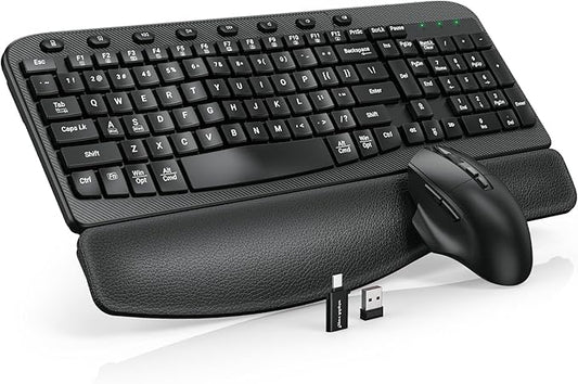 Wireless Keyboard and Mouse Combo – Ergonomic Wave Key, Built-in Leather Soft Palm Rest, 2.4G Full Size, 8 Hotkeys, 6-Button Mouse with 4-Level DPI, Dual USB-A/USB-C, Windows & macOS Compatible
