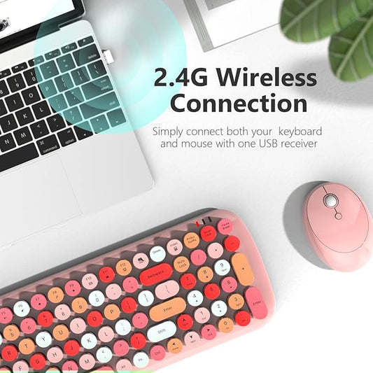 MOFii Wireless Keyboard and Mouse Combo, Retro Typewriter Keyboard with Multi-Media Function Keys and Number Pad Compared for PC Computer Windows (Pink Colorful)