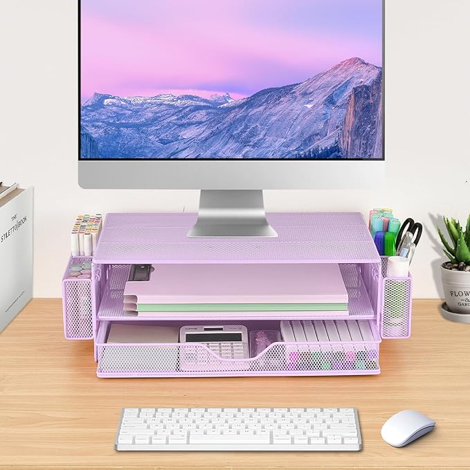 AUPSEN Computer Monitor Stands Riser,2-Tier Desk Organizers and Accessories, Office Desk Accessories Organizer with Drawers and 2 Pen Holder for Office Supplies (Purple)