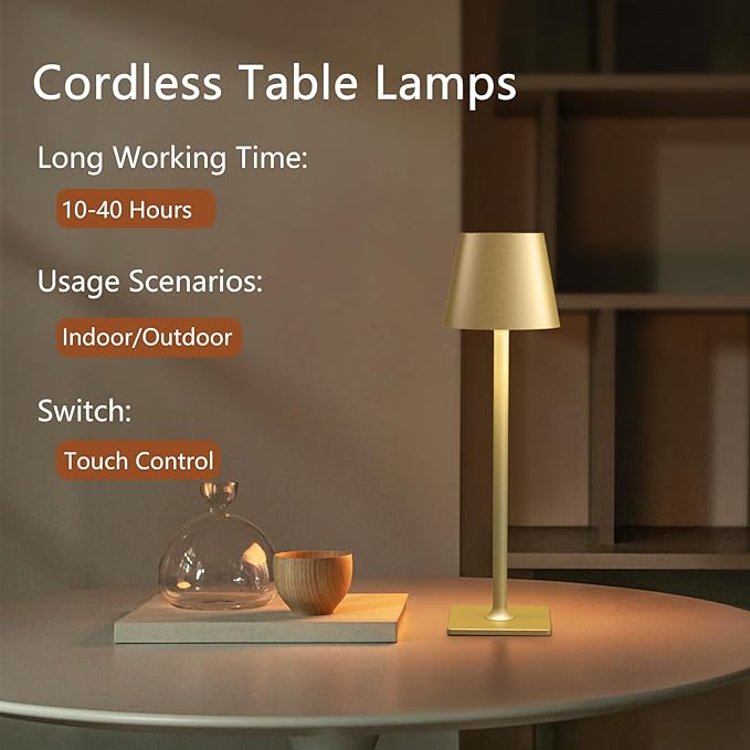 4 Pack Gold Cordless Table Lamps for Gifts, Portable Rechargeable Lamp, 6000mAh Battery Operated lamps, 3 Color Dimmable LED Table Light for Holiday, Christmas, Graduation Gifts, Teacher Gifts