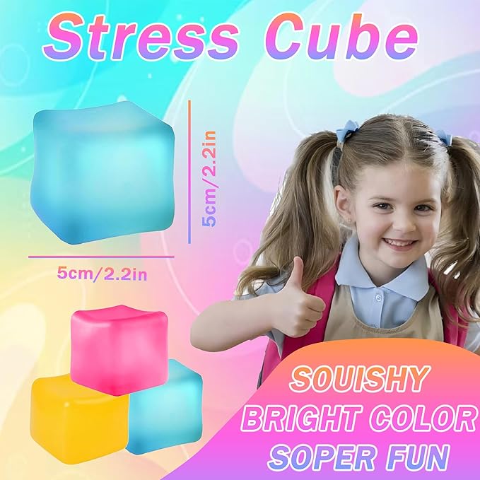 3Pcs Stress Cube Squishy Toys, Slow Rising Ice Cube Stress Balls, Sensory Fidget Toys for Anxiety Relief, Sensory Ice Nee Cube Gel Filled Squishy Ball Toys for ADD/ADHD Kids Adults(Blue, Pink, Orange)