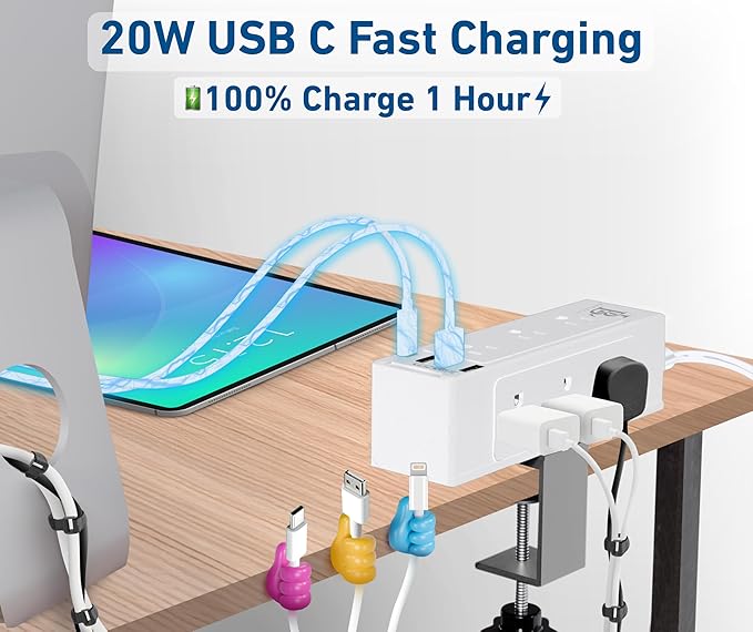 Desk Clamp Power Strip with USB C (20W PD) & USB A, 9 AC Outlets, Surge Protector, Flat Plug, 6.5ft Extension Cord – Desk Mount Power Station with Cable Management Kit for Home & Office– White