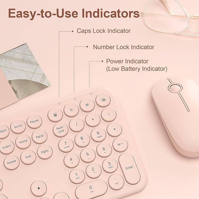 Cute Keyboard and Mouse Wireless for PC Computer/Laptop/Windows/Mac/Tablets, Ultra-Thin 2.4GHz USB Cordless Full-Sized Silent Retro Computer Keyboard Mouse Combo (Pink)