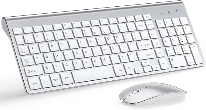Wireless Keyboard and Mouse Ultra Slim Combo, TopMate 2.4G Silent Compact USB 2400DPI Mouse and Scissor Switch Keyboard Set with Cover, 2 AA and 2 AAA Batteries, for PC/Laptop/Windows/Mac-Silver White