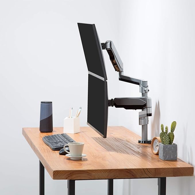 AVLT Dual 13 to 27 in Stacked Monitor Arm Desk Mount, Fits Two Flat or Curved Screens, Full Motion Height Adjustable Swivel Tilt Rotation, VESA C-Clamp Grommet Cable Management