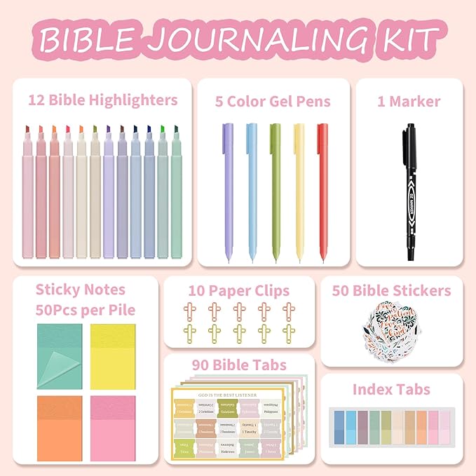 40 Pcs Bible Study Supplies, Journaling Kit for Women, Morandi Bible Study Kit with Pastel Highlighters and Tabs, Pens, Sticky Notes, Annotation Kit