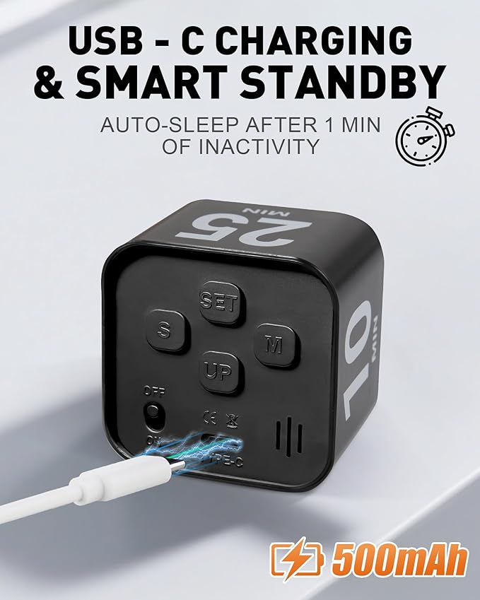 Pomodoro Timer Cube for Productivity — 5/25/10/50 Minutes Preset, Digital Gravity Sensor Desk Visual Timer for ADHD, Silent Mode, Ideal for Office, Study, Kitchen & Kids