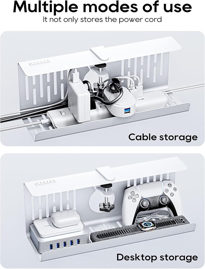 NODOCA No Drill Under Desk Cable Management Tray, 14'' Wire Management, Punch-Free Clamp on, Metal Cable Tray, Wire Organizer Under Desk, Under Desk Basket for Office and Home, White(2 Packs)