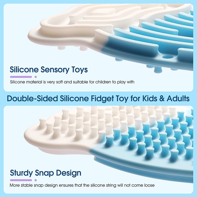 Fidget Toys Sensory Activity Board, Silicone Sensory Toys for Stress Anxiety Autistic ADHD Calming, Kids 3+ & Adults, Travel Bag & 12 Strings, Rainbow (Blue)