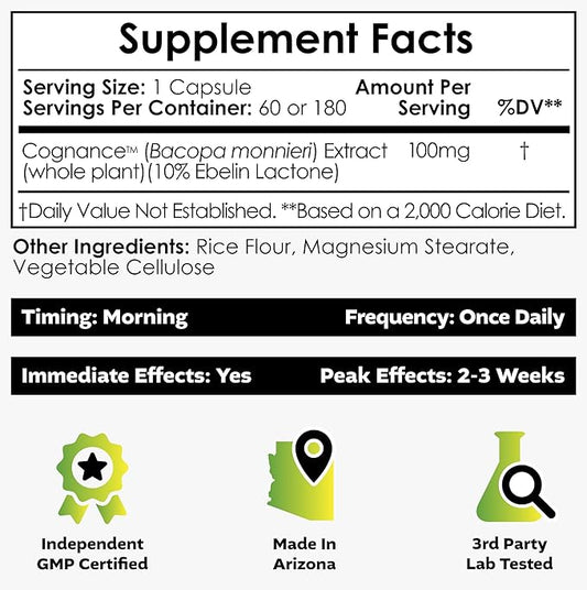 Nootropics Depot Cognance Enhanced Bacopa Capsules | 100mg | 10% Ebelin Lactone | Bacopa monnieri | Mood, Memory, & 5-HT2A Activation, 180 Count (Pack of 1)