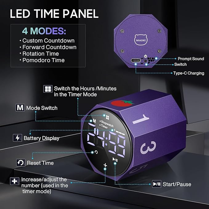 MIAOKE Pomodoro Timer-Aluminum Alloy Frosted Metal LED Large Screen Digital Automatically Rotated Display, Focus Efficient Management on Work and Study,Office, Living Room-Purple