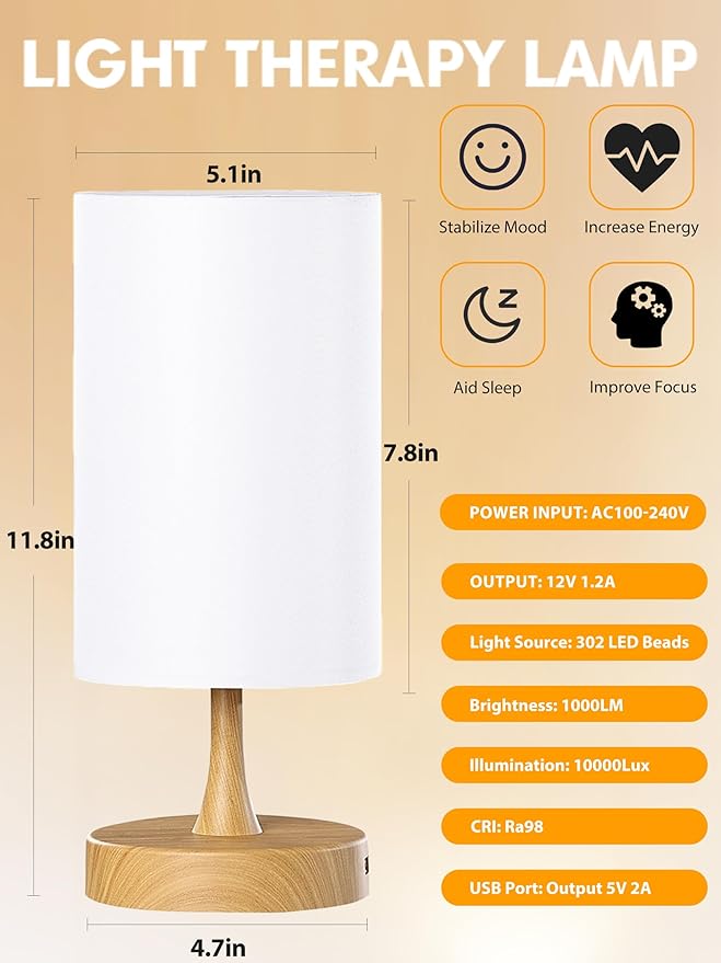 Light Therapy Lamp, 10000 Lux Daylight Lamp with 3 Color Temperatures, Adjustable Brightness, Timer & Memory Function, Sunlight Lamp with Remote Control(Grain Base White Shade)