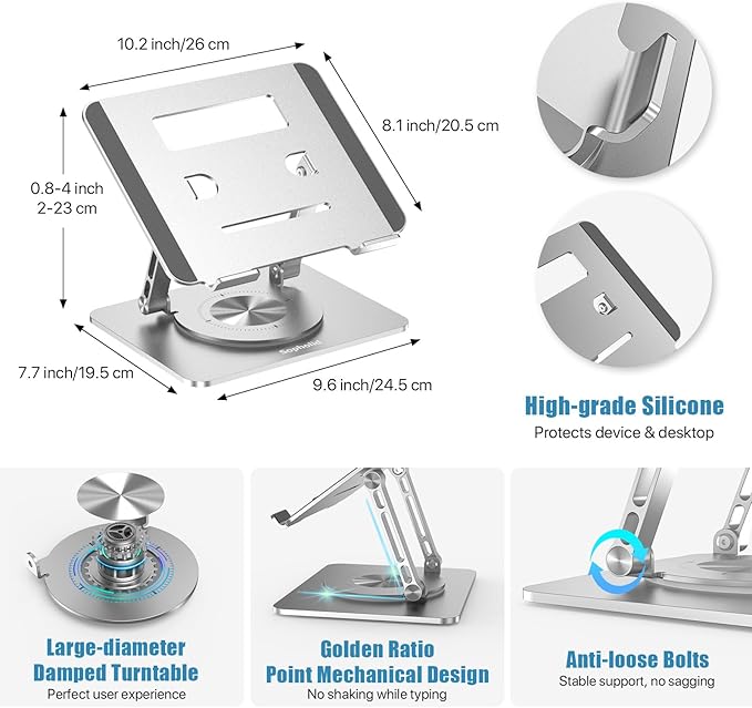 360° Swivel Laptop Stand - 2.5mm Heavy-Duty Aerospace Aluminum, Adjustable Height & Angle, Sturdy Yet Lightweight,Ergonomic Desk Mount for 10-17" MacBook/Dell/HP,Silver
