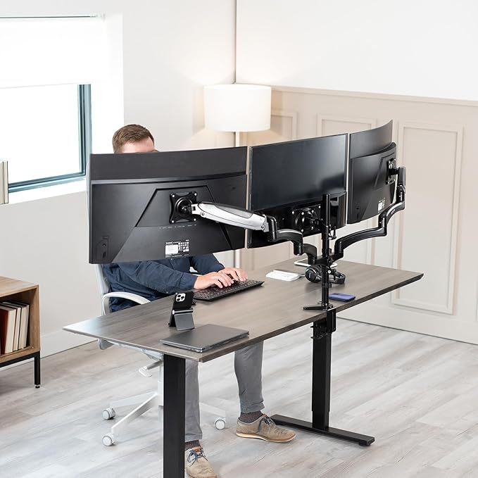 VIVO Triple Pneumatic Monitor Mount for 3 Screens up to 32 inches, Fully Adjustable, Heavy Duty Desk Stand with C-Clamp Grommet, Black, STAND-V300G